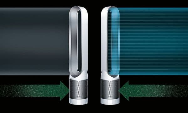 Illustration av två Dyson Pure Cool Tower PP00, en som skickar ut grå luft och den andra sval luft, illustrerad med blått