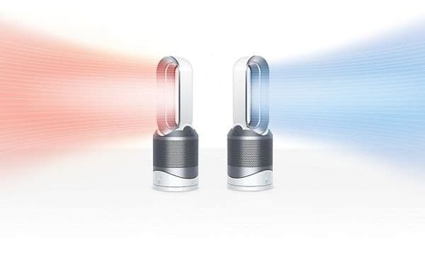 Illustration av två Dyson Hot + Cool, en som skickar ut röda, varma strålar och den andra blå, kalla strålar
