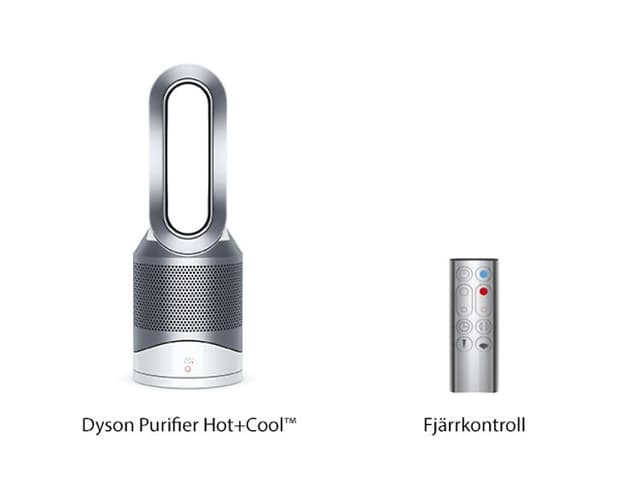 Dyson Pure Cool Tower HP00 och en fjärrkontroll och svensk text under