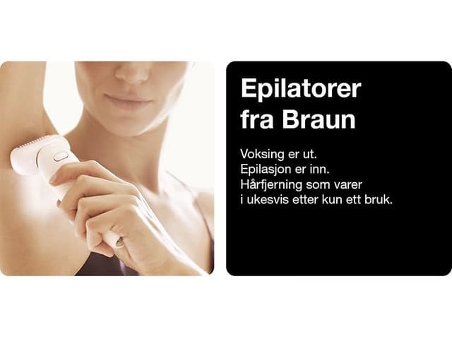 En kvinne bruker en Braun-epilator under armene og en svart boks med teksten epilatorer fra Braun
