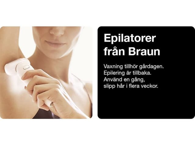 A woman is using a Braun epilator under her arms and a black box with the text epilators from Braun