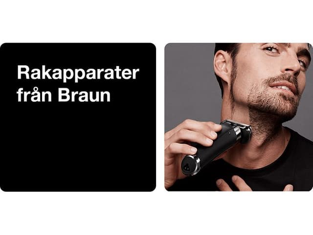 En man som rakar sitt skägg med en rakapparat från Braun