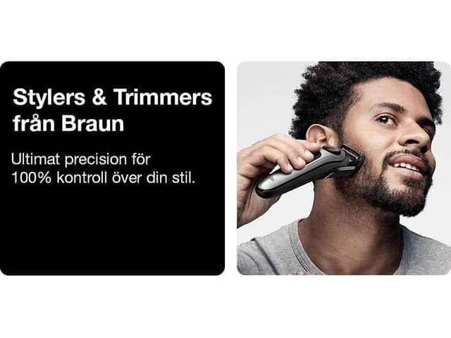 En man ser nöjd ut medan han använder en Braun multitrimmer BT5260 på kindskägget