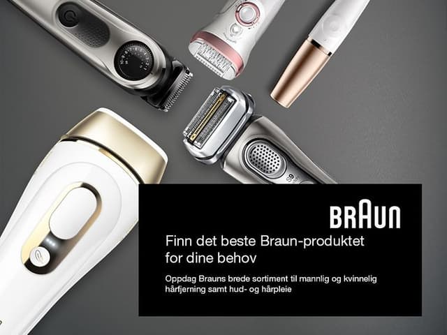 Braun barbermaskin, IPL, trimmer og epilator på grå bakgrunn og teksten Finn det beste Braun-produktet for dine behov