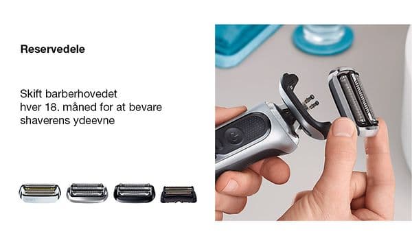 Reservedele til en Braun barbermaskine og en hånd der tager barberhovedet af
