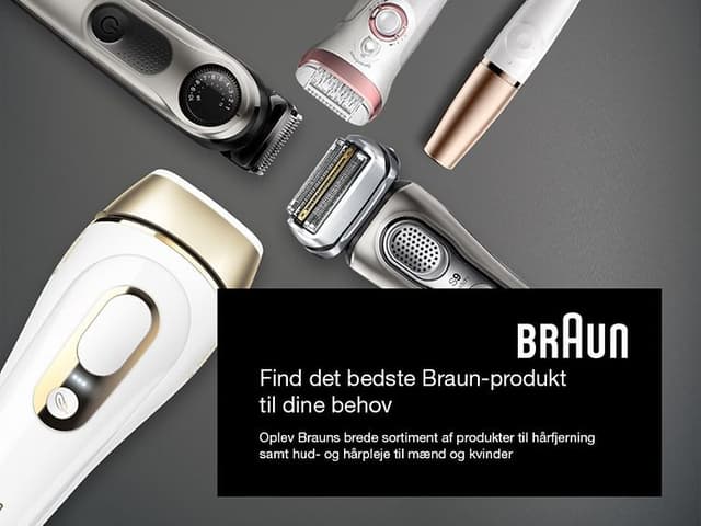 Braun barbermaskine, IPL, trimmer og epilator på grå baggrund og teksten Find det bedste Braun-produkt til dine behov