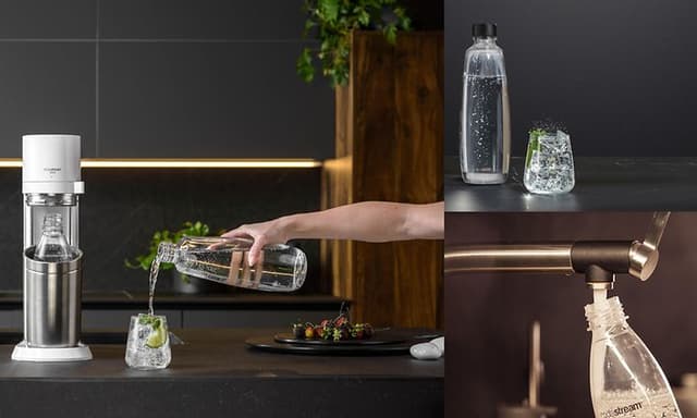 Kolmen kuvan kollaasi Sodastream-pulloista eri ympäristöissä