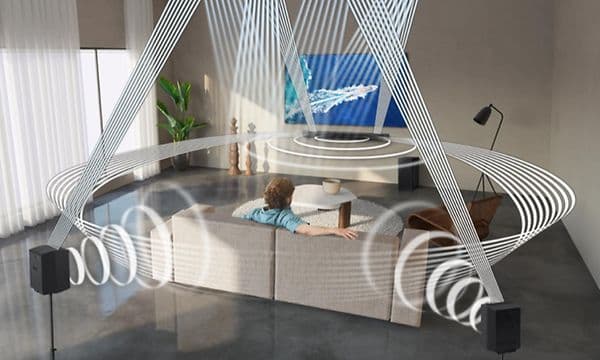 Samsung lydsystem illustrert i stue rundt mann som ser på TV