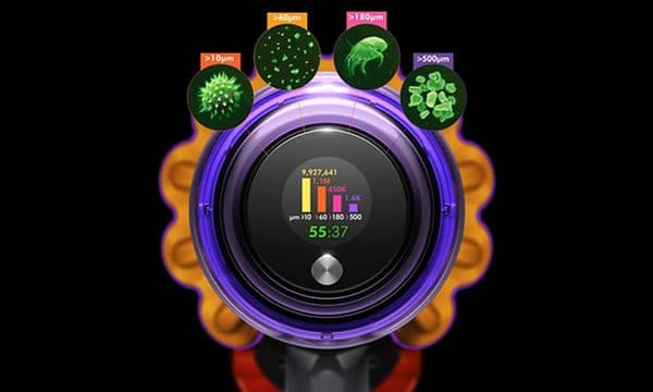 Nærbillede af Dyson V12 Detect Slim Absolutes LCD-skærm og illustrationer af 4 forskellige bakterier omkring den