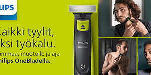 Erilaisia kuvia miehistä trimmaamassa ja partaa ajamassa Philips OneBladen avulla