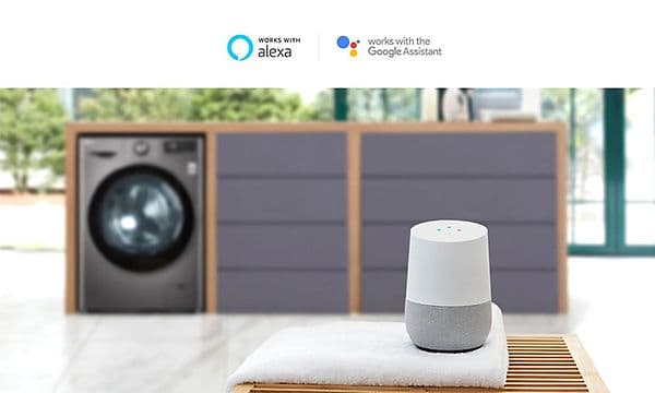 Google Nest Home standing in the foreground with a washingmachine in the background
