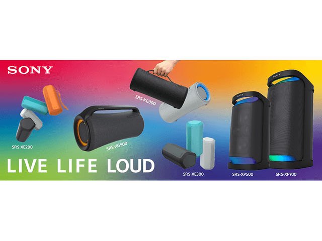 Sony-højttalere på banner med teksten: Live Life Loud