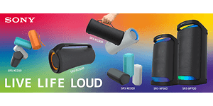 Sony-højttalere på banner med teksten: Live Life Loud