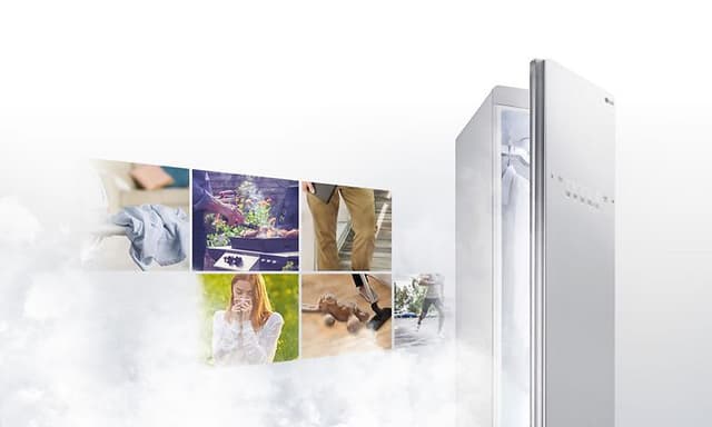 Two sided image showing a LG Styler S3WF on one side and several smaller images illustrating laundry