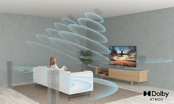 Kvinna i ett vardagsrum framför en TV-skärm med illustrerade högtalare och ljudvågor från olika platser i rummet/skärmen