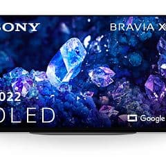 Produktbilde av en Sony Bravia A90K OLED TV med blå og lilla krystaller på skjermen
