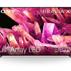 Produktbilde av en Sony Bravia X93K Full Array LED-TV med rosa krystaller som vises på skjermen