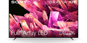 Produktbilde av en Sony Bravia X93K Full Array LED-TV med rosa krystaller som vises på skjermen