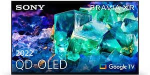 Produktbillede af et Sony Bravia A95K QD OLED TV med grønne og blå krystaller på skærmen.