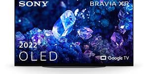 Sony Bravia A90K OLED TV, jonka näytöllä näkyy sinisiä ja violetteja kristalleja