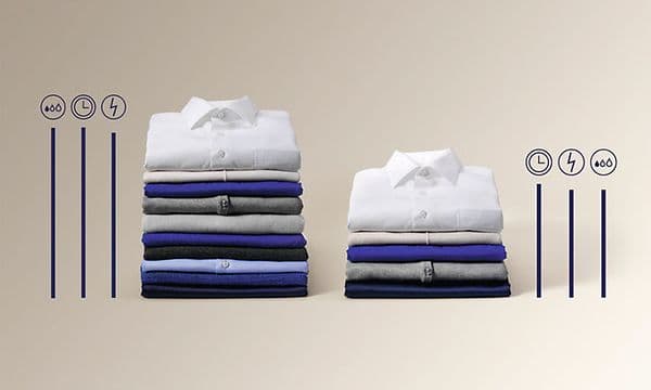 Two piles of shirts next to illustrations