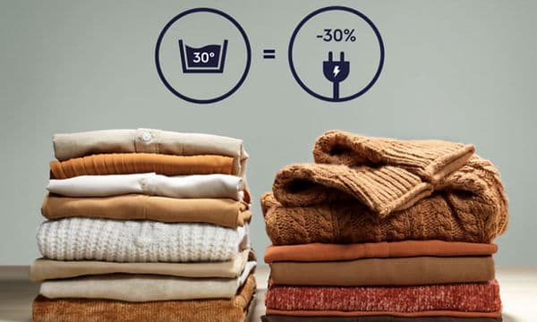 Two piles of clothes illutrating how if you wash at 30 degrees you save power (1)