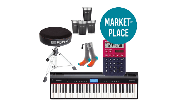 Olika produktbilder av instrument, strumpor och glas och annat tillsammans med rund Marketplace-ikon