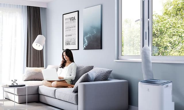 Elecotrolux - Luftkvalitet - Transportabel aircondition ved siden af en kvinde i sofa