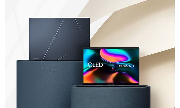 Two Zenbook 14 OLEDs on pedestals