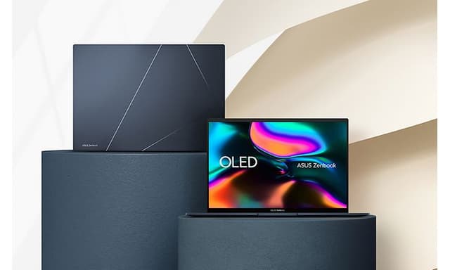 Two Zenbook 14 OLEDs on pedestals