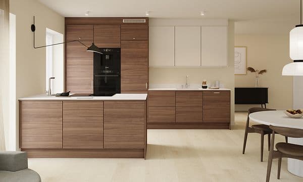EPOQ Edge Walnut og Trend Warm White åpen kjøkkenløsning med integrerte hvitevarer
