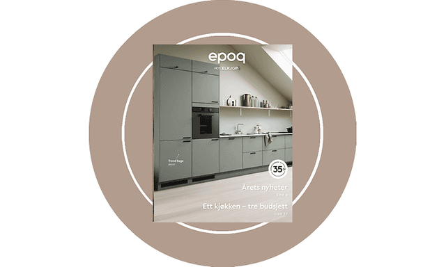 Epoq-katalogens forside på norsk i en rund sirkel (hvit sirkel)