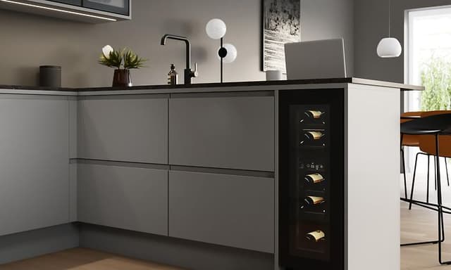 EPOQ Integra Steel Grey kichenette with an integrated TempTech Sommelier Wine Fridge