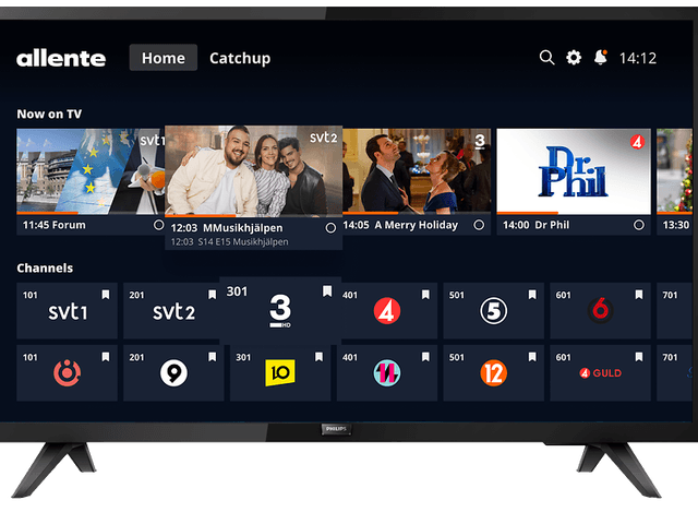 Allente Tv-pakke på en TV som viser alle kanalene som følger med