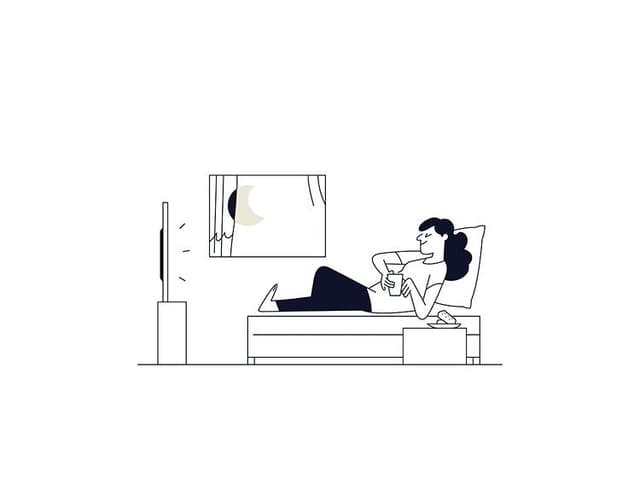 Illustration of a woman watching TV in a hotel room