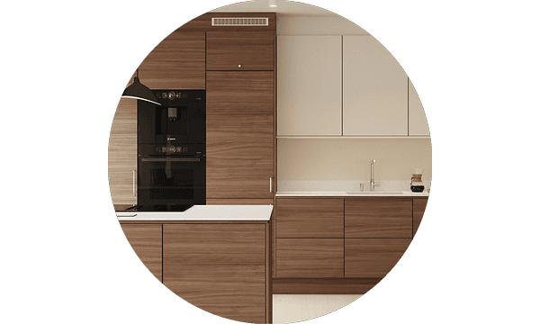 Epoq Edge Walnut og Trend Warm White-kjøkken med integrerte hvitevarer