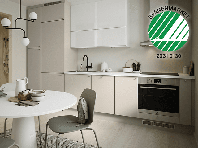 EPOQ Trend Greige och Gloss White: Ljus beige och vitt kök.