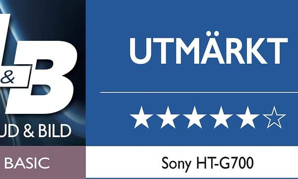 Sony HT-G700 - rekommendation från Ljud & Bild där det står UTMÄRKT och fem av sex stjärnor under