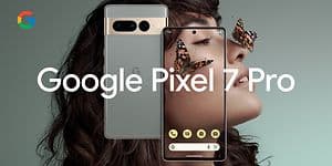 To Google Pixel 7 Pro telefoner, med en dame bagved, der har sommerfugle siddende på næse og kind