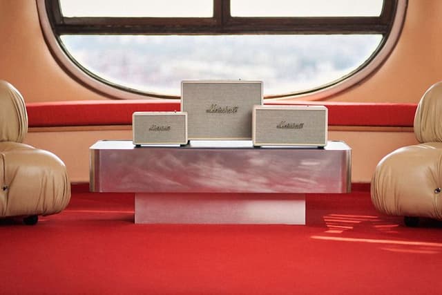 Three Marshall speakers on a table