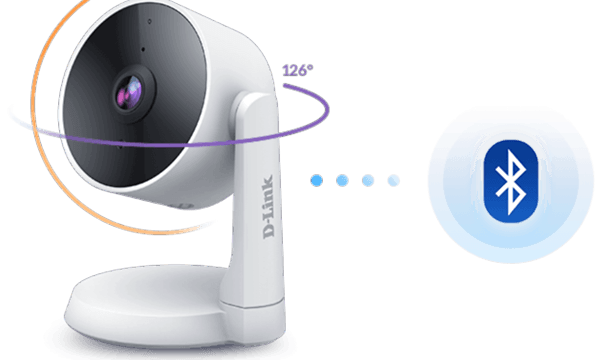 D-Link Full HD sikkerhetskamera og prikker som fører til et bluetooth-skilt ved siden av det