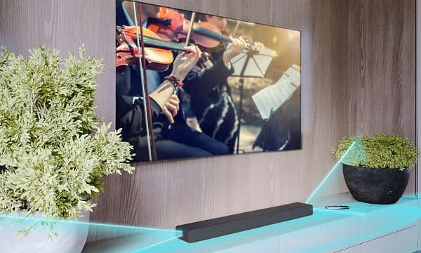 Sony - Kaiuttimet - Langaton HT-A3000-kaiutin ja sinisiä ääniaaltoja kuvitettuna