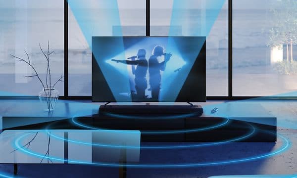 Sound Field Optimization -ominaisuus kuvitettuna sinisinä aaltoina television ympärillä