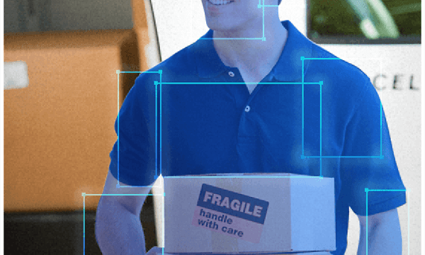 En brevbärare med ett paket har upptäckts av D-Link FHD Spotlight säkerhetskamera och man ser illustrerat skanningsmönster
