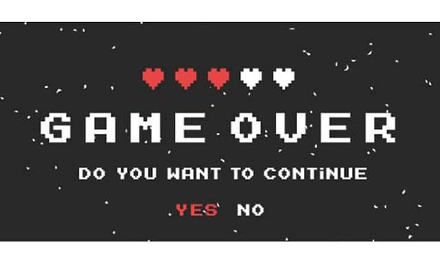 Mustavalkoinen Game Over -näkymä punaisilla sydämmillä