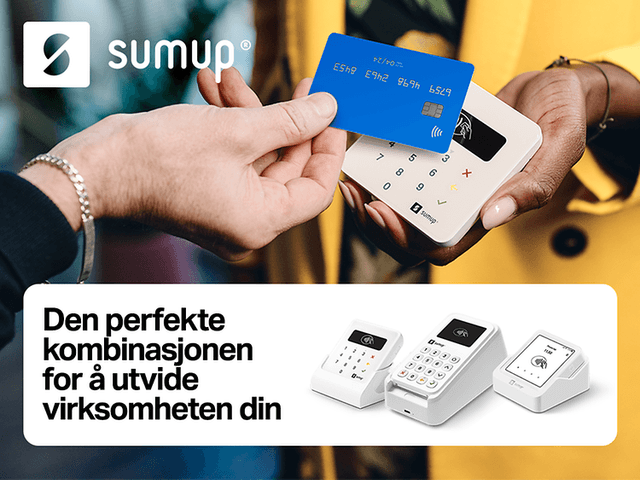 SumUp-logo,  SumUp kortlesere og teksten Den perfekte kombinasjonen for å utvide virksomheten din