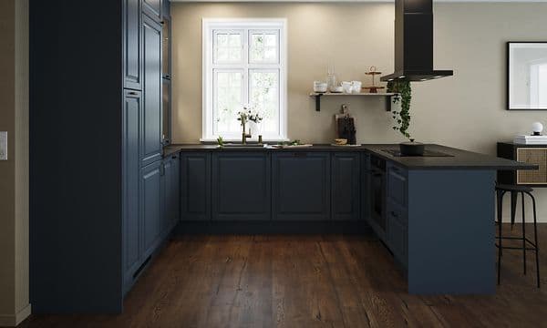 EPOQ Heritage BlueGrey blått kök med öppen planlösning.