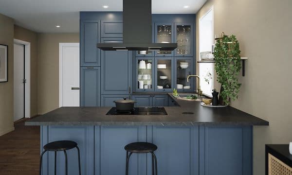 EPOQ Heritage BlueGrey blått kök med halvö.
