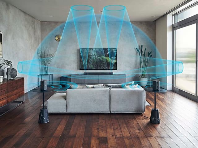 Sony - Høyttaler- Sony A7000 høyttaler i en stue og blue sound waves illustrert