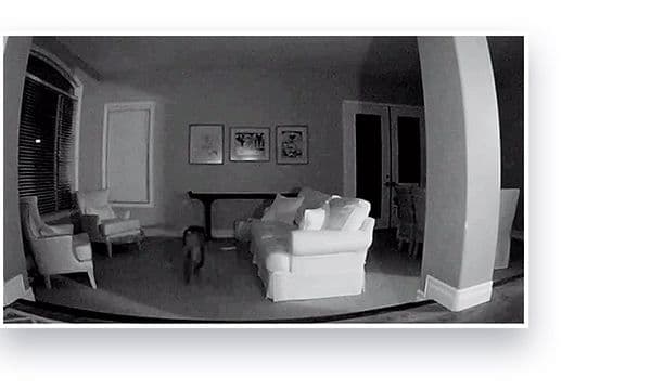 Ett vardagsrum i svart och vitt i perspektivet av D-link Security kamera med mörkerseende